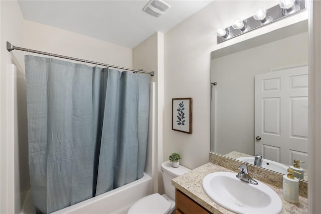 full bathroom featuring vanity, toilet, and shower / tub combo with curtain