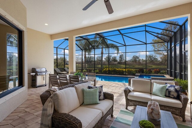 view of patio / terrace with outdoor lounge area, a grill, glass enclosure, and a pool with hot tub