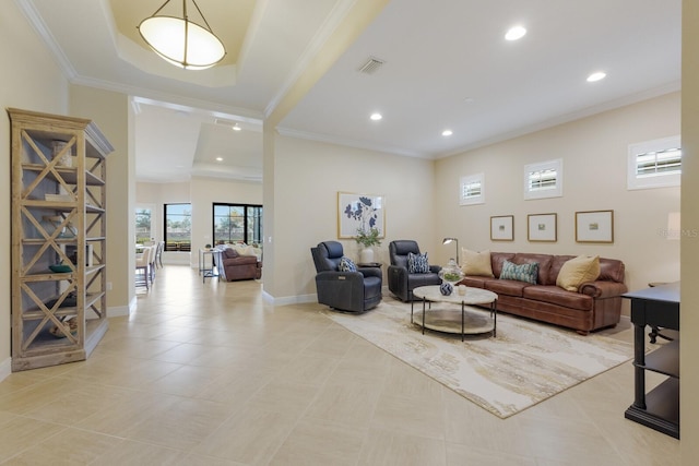 living room featuring light tile patterned floors and ornamental molding