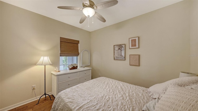 bedroom with ceiling fan and wood-type flooring