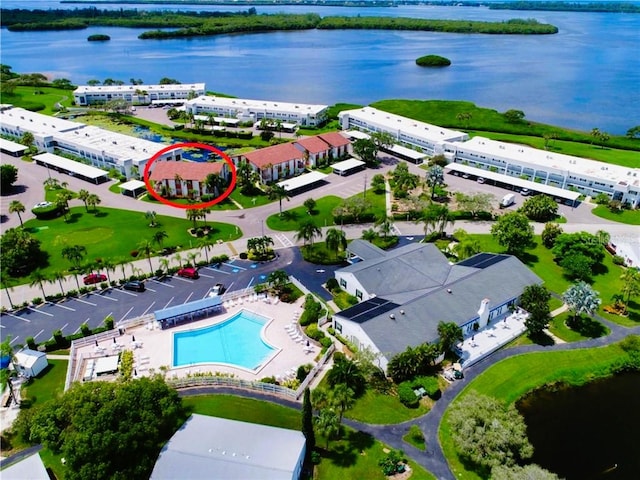 aerial view featuring a water view