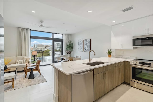 kitchen with sink, stainless steel appliances, expansive windows, white cabinets, and kitchen peninsula