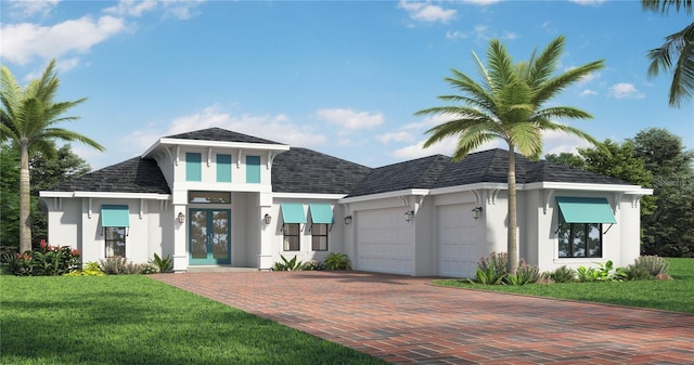 view of front of home featuring decorative driveway, stucco siding, a shingled roof, a front yard, and a garage