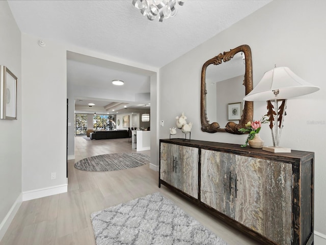 foyer entrance with a raised ceiling, light hardwood / wood-style flooring, and a textured ceiling