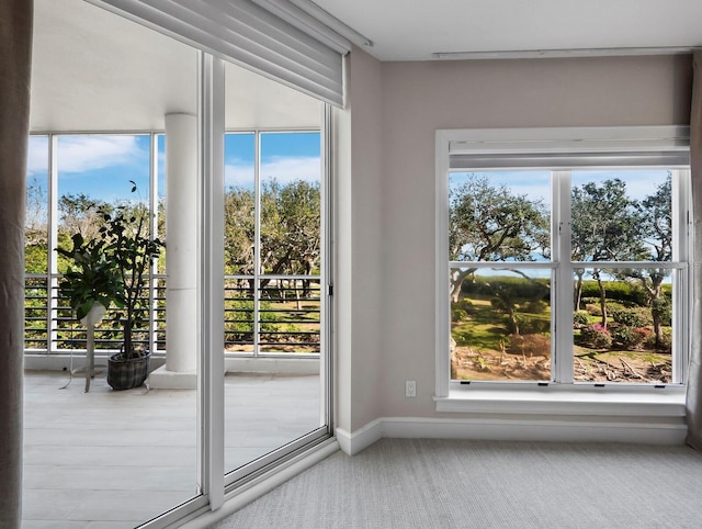 doorway to outside with carpet flooring