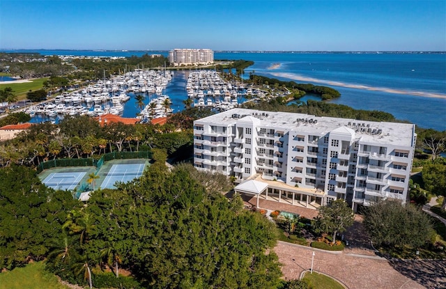 drone / aerial view featuring a water view