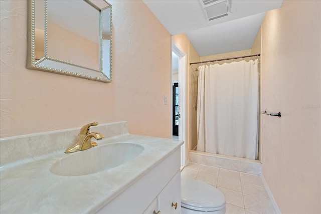 bathroom featuring vanity, tile patterned flooring, curtained shower, and toilet