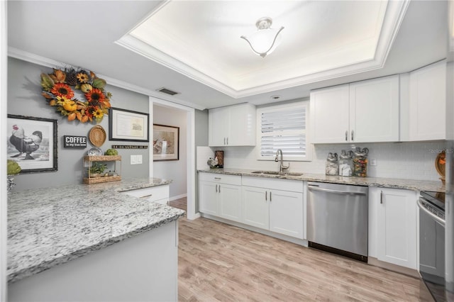 kitchen with sink, a tray ceiling, stainless steel appliances, and white cabinets