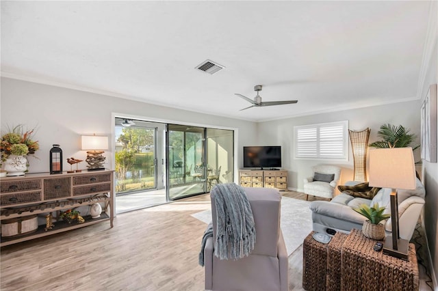 living room featuring crown molding, ceiling fan, and light wood-type flooring