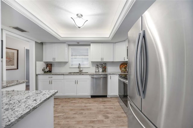 kitchen with sink, light stone counters, a raised ceiling, stainless steel appliances, and white cabinets