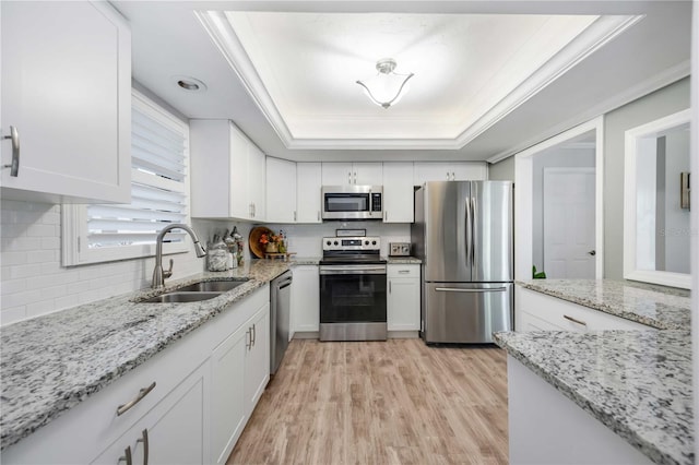 kitchen with sink, white cabinetry, a raised ceiling, stainless steel appliances, and light stone countertops