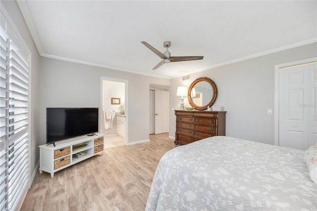 bedroom featuring ornamental molding, connected bathroom, ceiling fan, and light wood-type flooring