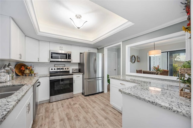 kitchen with stainless steel appliances, white cabinetry, ornamental molding, and a tray ceiling