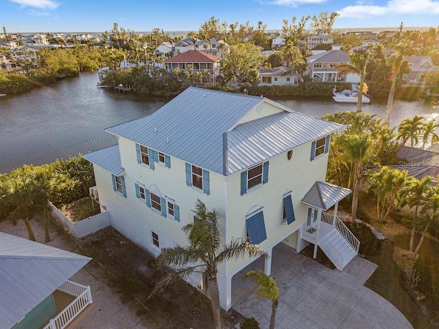 bird's eye view with a water view