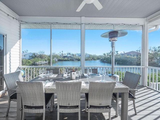 114 Gull Dr, Anna Maria, FL 34216 - sunroom featuring a ceiling fan, a water view, and outdoor dining area