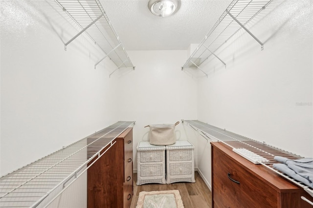 walk in closet with light hardwood / wood-style floors