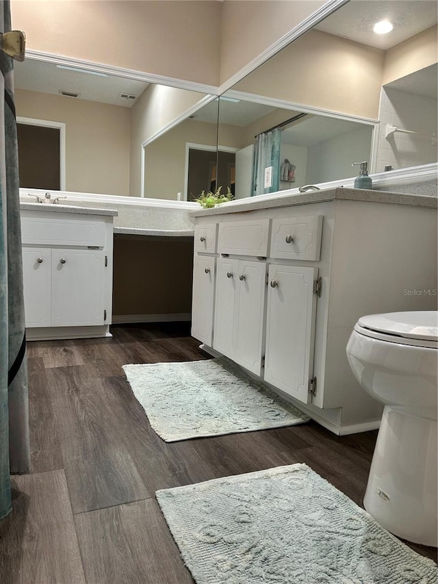 bathroom featuring wood-type flooring, vanity, and toilet