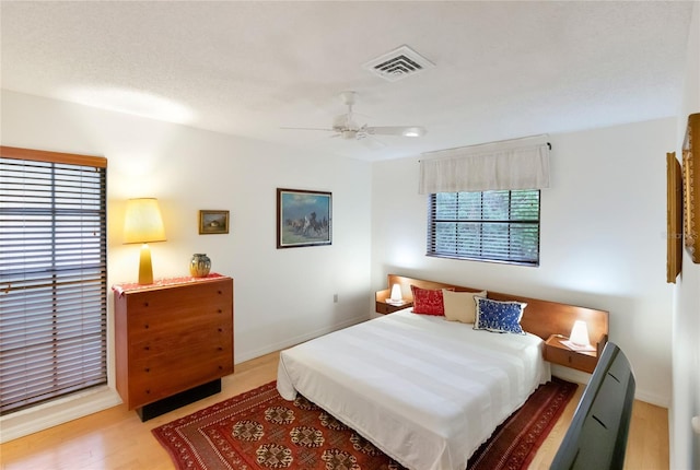 bedroom featuring ceiling fan and light wood-type flooring