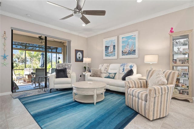 living room with crown molding, ceiling fan, and light tile patterned flooring