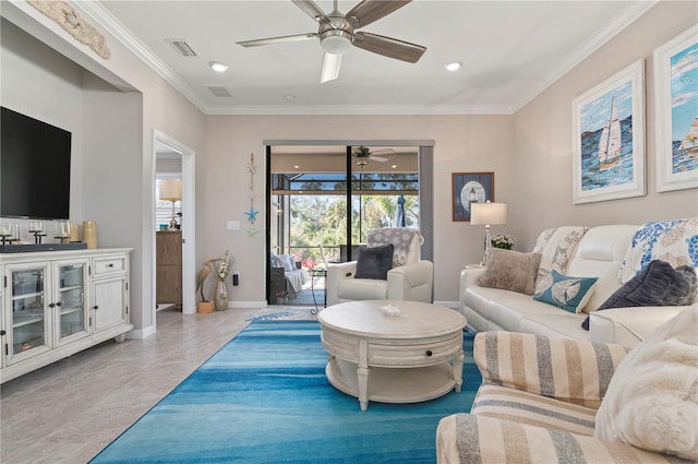 living room featuring crown molding and ceiling fan