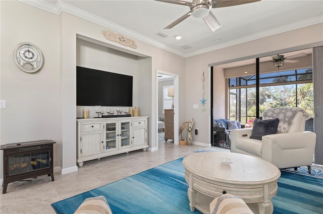 living room featuring light tile patterned flooring, crown molding, and ceiling fan