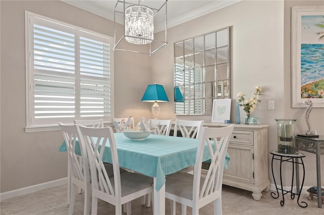 tiled dining room with crown molding and a chandelier