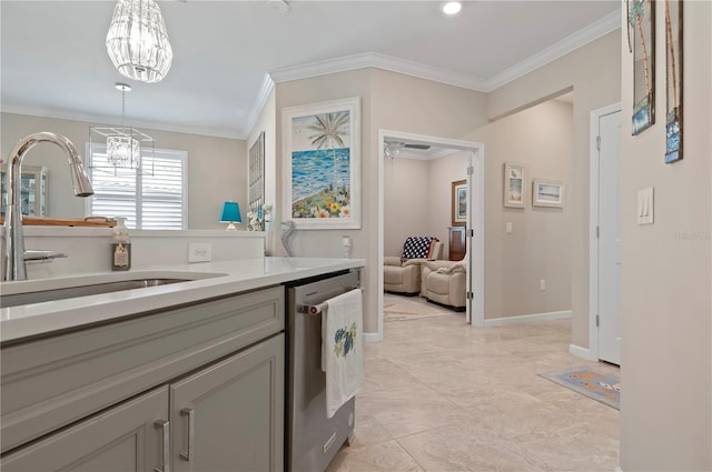 kitchen with sink, crown molding, gray cabinets, and stainless steel dishwasher