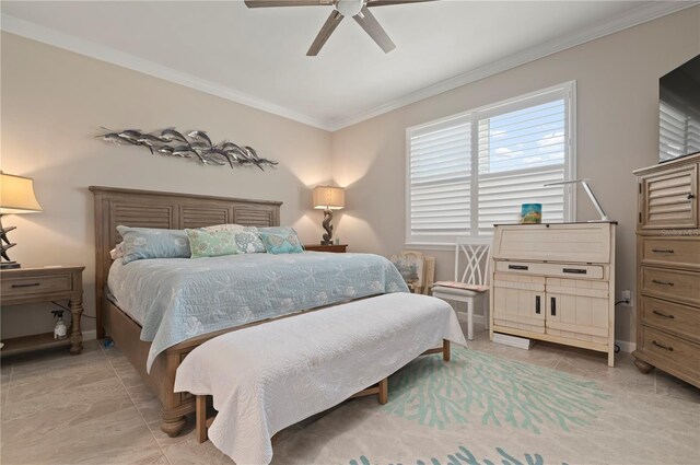 bedroom with crown molding, light tile patterned flooring, and ceiling fan