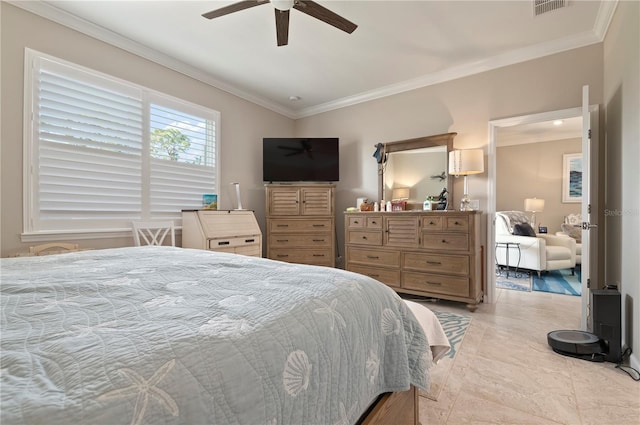 bedroom with crown molding, ceiling fan, and lofted ceiling