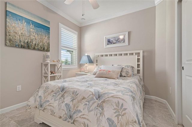 bedroom with crown molding and ceiling fan