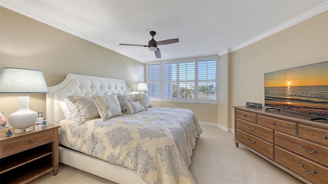 bedroom featuring light carpet, ornamental molding, and ceiling fan