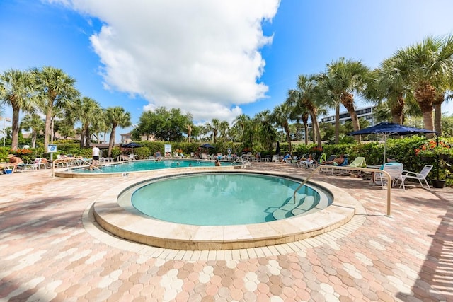 view of swimming pool featuring a patio area