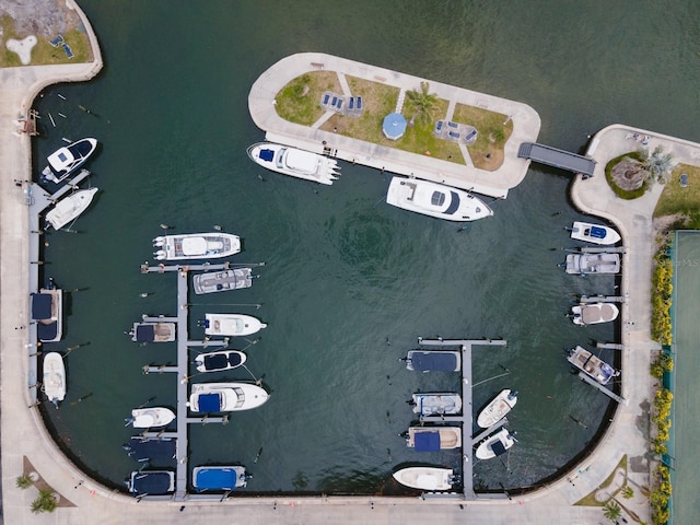 drone / aerial view featuring a water view