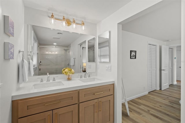 bathroom featuring a sink, a shower stall, double vanity, and a closet