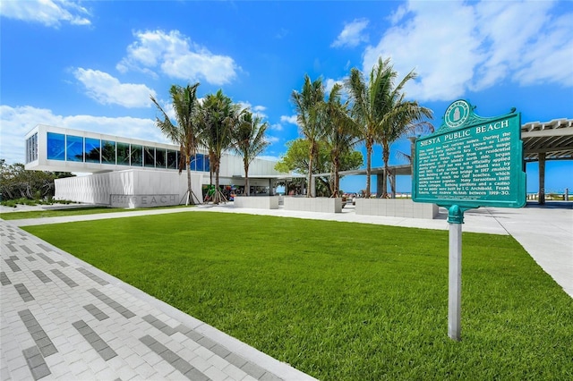 view of home's community with a lawn and a water view