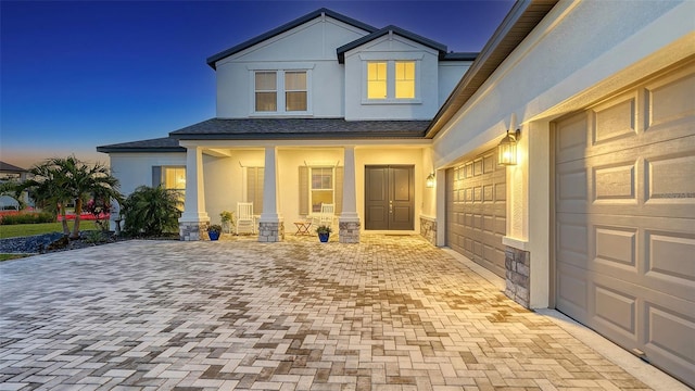 exterior space with a garage