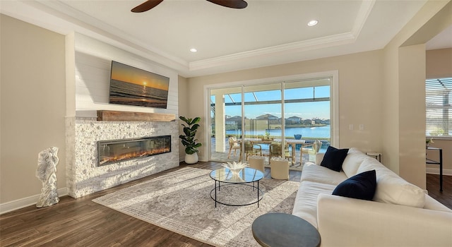 living room featuring hardwood / wood-style flooring, ornamental molding, and a raised ceiling