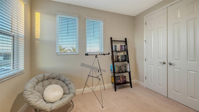 living area featuring a healthy amount of sunlight and light carpet