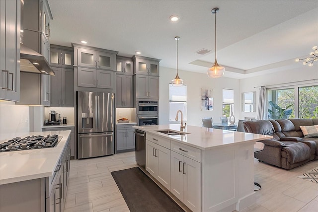 kitchen featuring stainless steel appliances, sink, and gray cabinetry