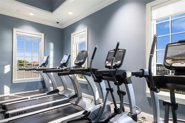 workout area with ornamental molding