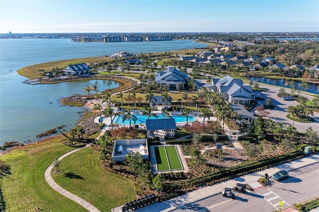 aerial view featuring a water view