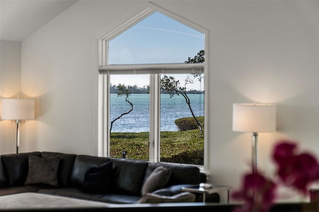 living room featuring a water view and plenty of natural light