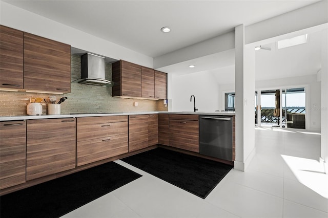 kitchen with light tile patterned flooring, tasteful backsplash, black electric stovetop, stainless steel dishwasher, and wall chimney range hood