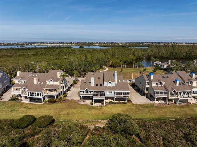 drone / aerial view with a water view