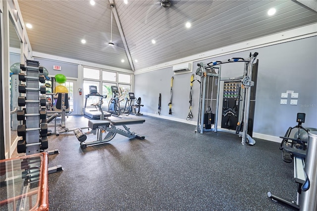 workout area featuring lofted ceiling, a wall mounted air conditioner, and wooden ceiling