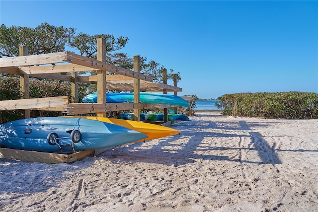 exterior space with a water view