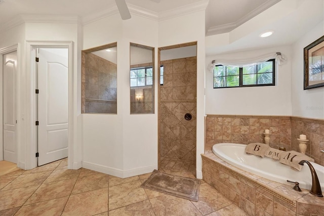 bathroom featuring plus walk in shower and crown molding