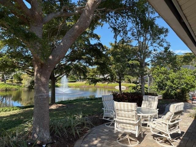 view of patio with a water view