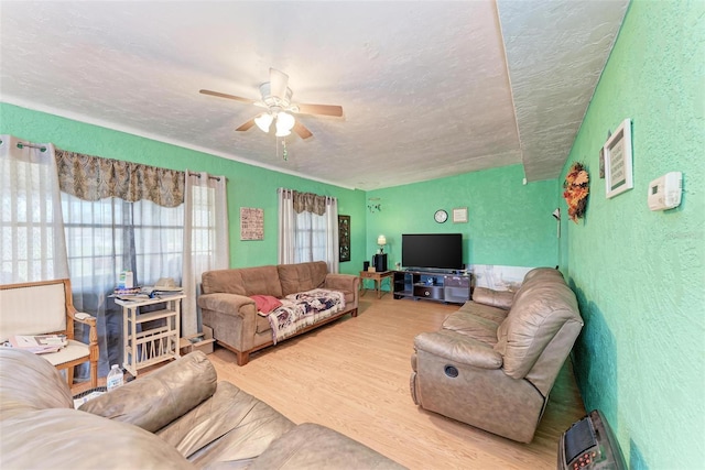 living room featuring hardwood / wood-style flooring, a textured ceiling, and ceiling fan