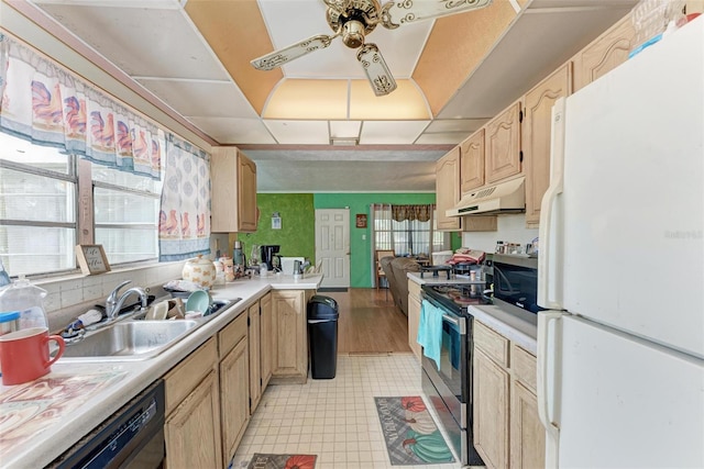 kitchen with sink, black dishwasher, white refrigerator, stainless steel electric range oven, and light brown cabinets